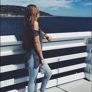 Grey Cold-Shoulder Sweater Material Shirt